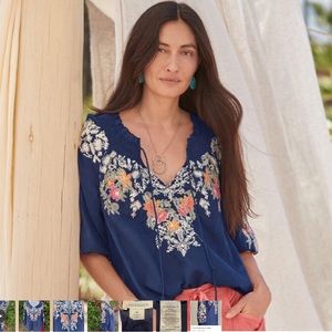 SUNDANCE “Preeda” Top in Navy Blue, Medium Woman’s embroidered floral cotton